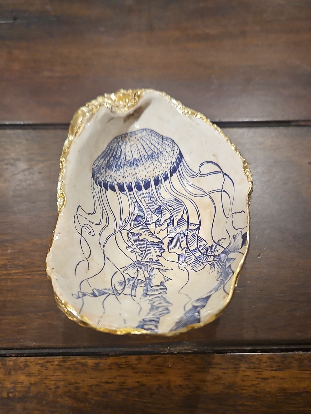 Creative Co-Op Blue Jellyfish Ceramic Shell Tray with Gold Edge